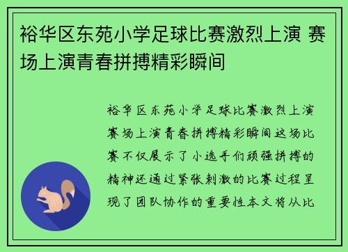 裕华区东苑小学足球比赛激烈上演 赛场上演青春拼搏精彩瞬间