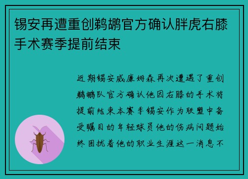 锡安再遭重创鹈鹕官方确认胖虎右膝手术赛季提前结束