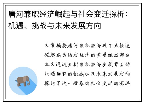 唐河兼职经济崛起与社会变迁探析：机遇、挑战与未来发展方向