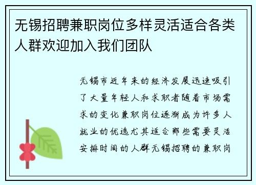 无锡招聘兼职岗位多样灵活适合各类人群欢迎加入我们团队