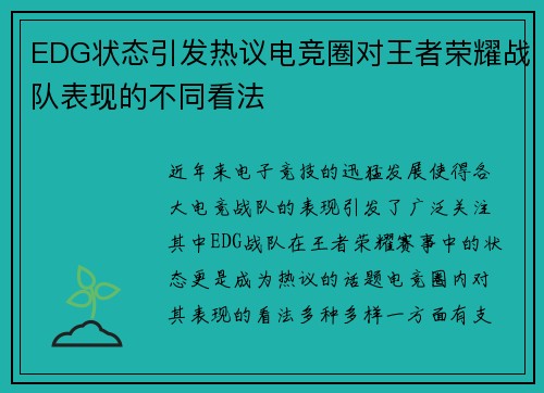 EDG状态引发热议电竞圈对王者荣耀战队表现的不同看法