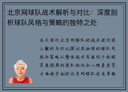 北京网球队战术解析与对比：深度剖析球队风格与策略的独特之处